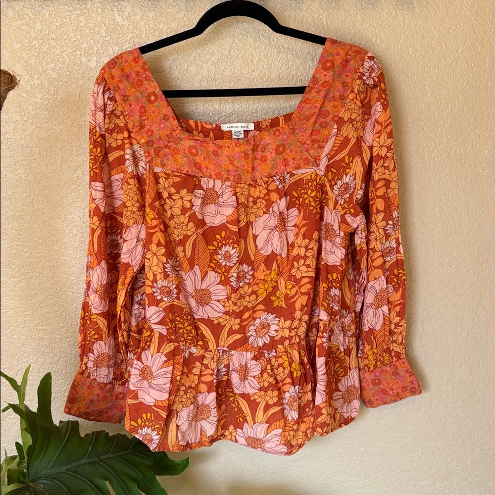 American Eagle Outfitters Orange Floral Blouse